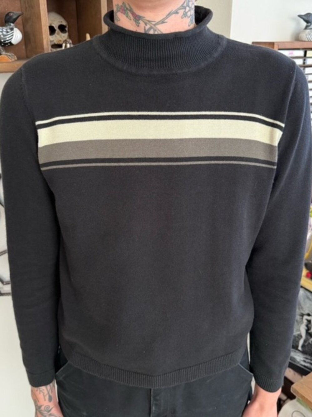 💀 SOLD 💀 Vintage 2000s Dockers Black Striped Mock Neck Boxy Sweater Y2K ~ Size M